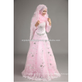 2015 nova chegada bordou appliqued no atacado rosa barato laço manga longa vestido de casamento muçulmano com hijab CCWFw02